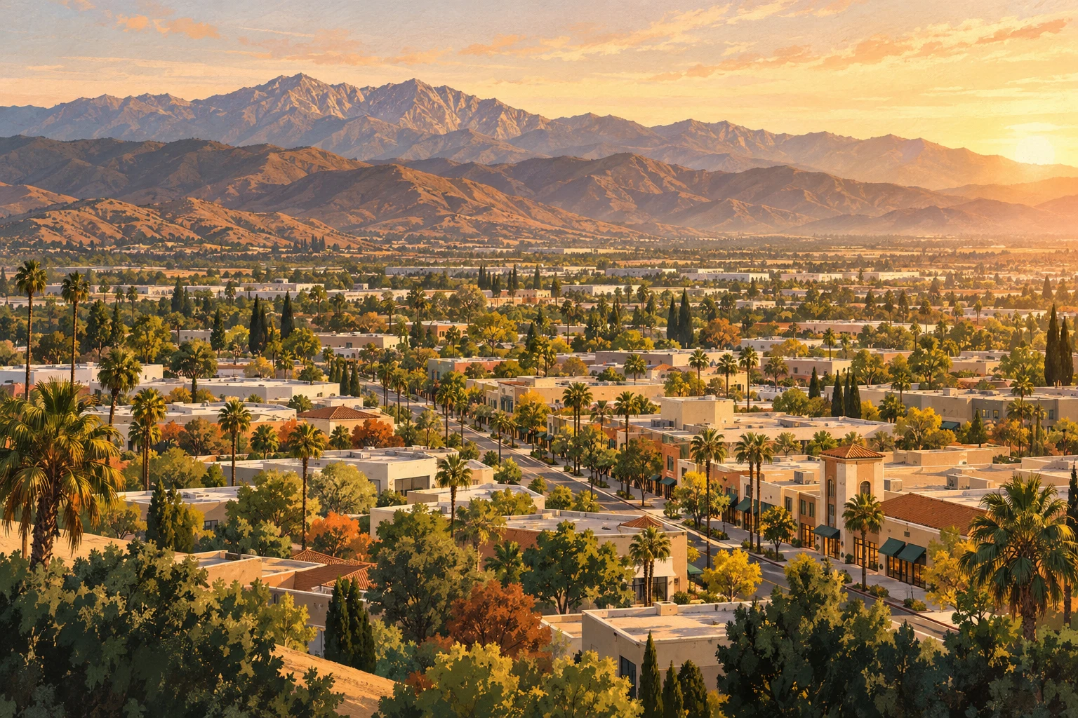 Illustration of a Southern California valley community with palm trees and foothills